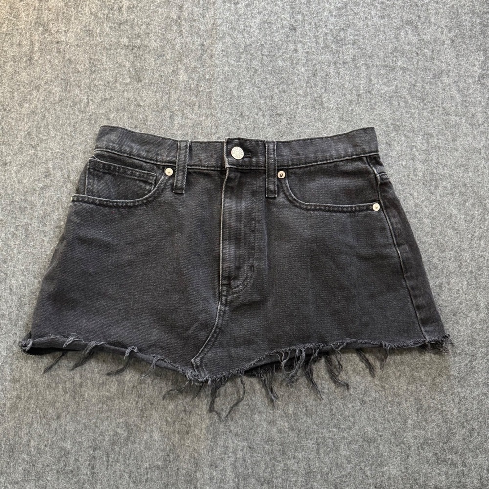Madewell Black Denim Micro Mini Skirt Frayed Raw Hem Size 27